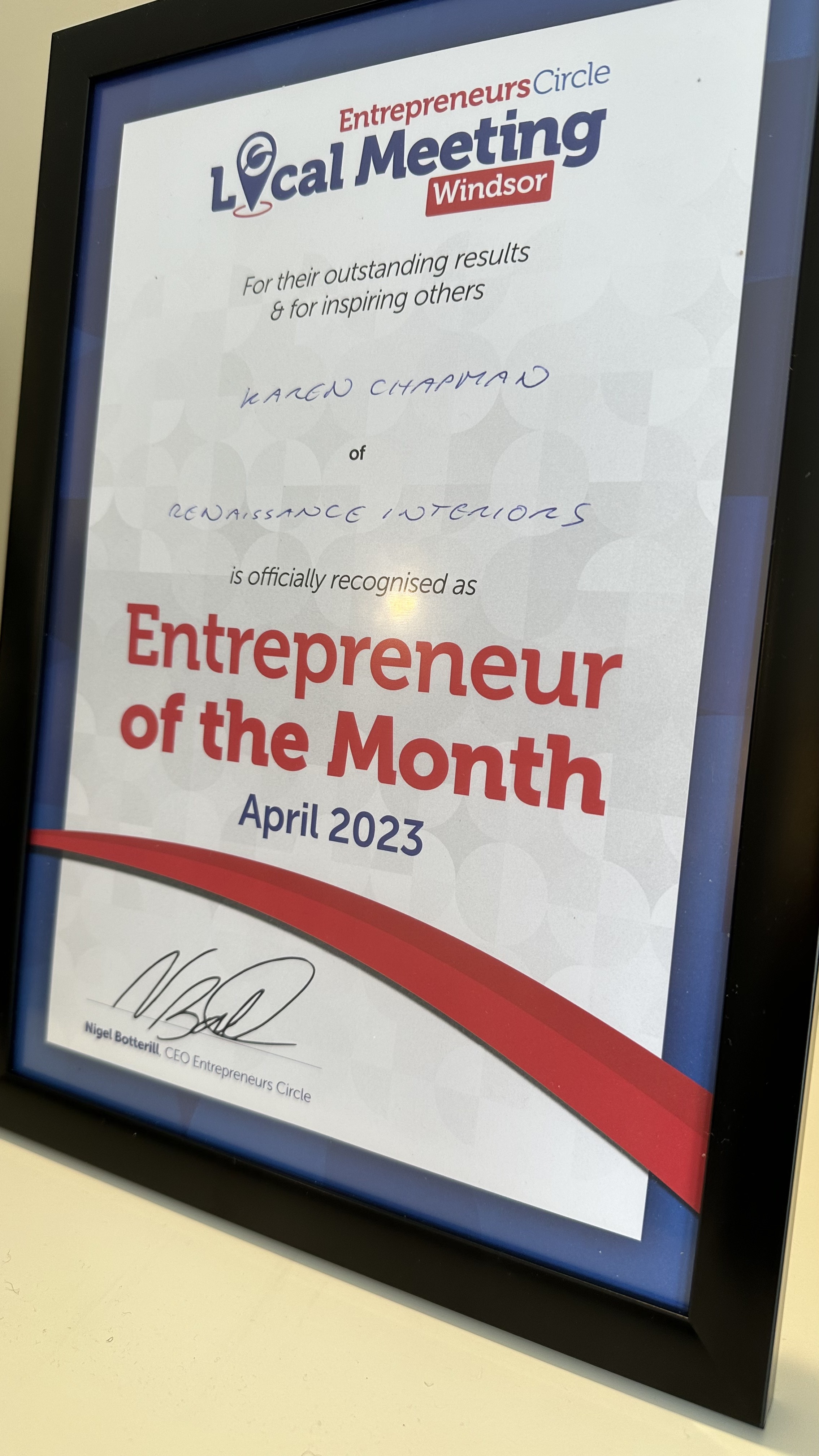 Karen Chapman, Renaissance Interiors Hartley Wintney, Entrepreneur of the Month award